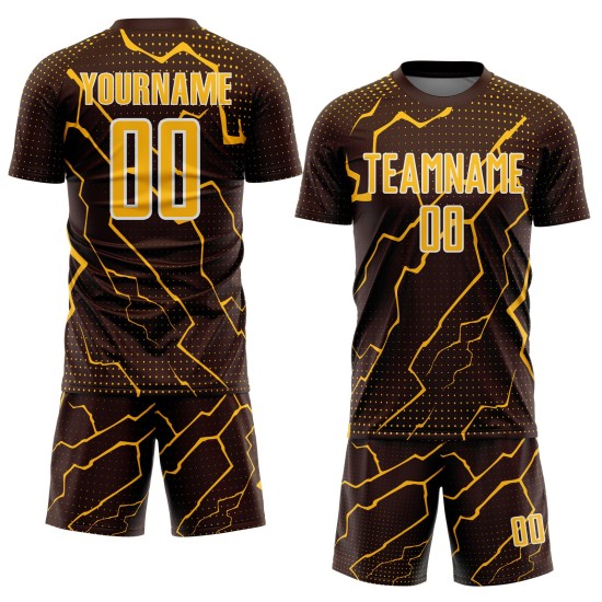 Sports Custom Gold-White Lightning Sublimation Brown Jersey Uniform Soccer Sports Custom Gold-White Lightning Sublimation Brown Jersey Uniform Soccer
