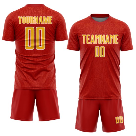 Sublimation Uniform Red Geometric Jersey Shape Soccer Gold-White Custom Sports
