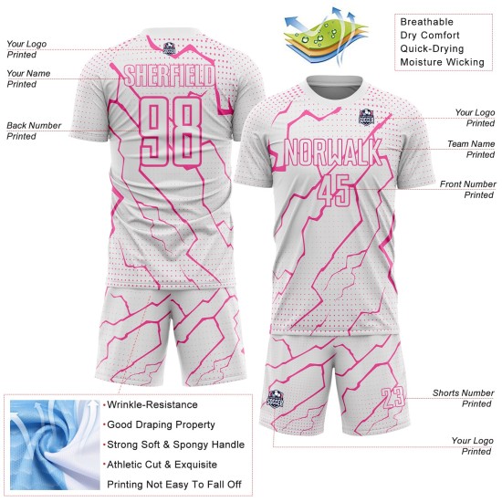 Custom Soccer White Uniform Jersey Sublimation Pink Lightning Sports