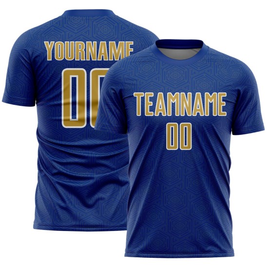 Gold-White Geometric Soccer Shape Royal Old Sports Sublimation Uniform Jersey Custom Gold-White Geometric Soccer Shape Royal Old Sports Sublimation Uniform Jersey Custom