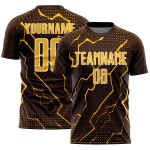 Sports Custom Gold-White Lightning Sublimation Brown Jersey Uniform Soccer Sports Custom Gold-White Lightning Sublimation Brown Jersey Uniform Soccer
