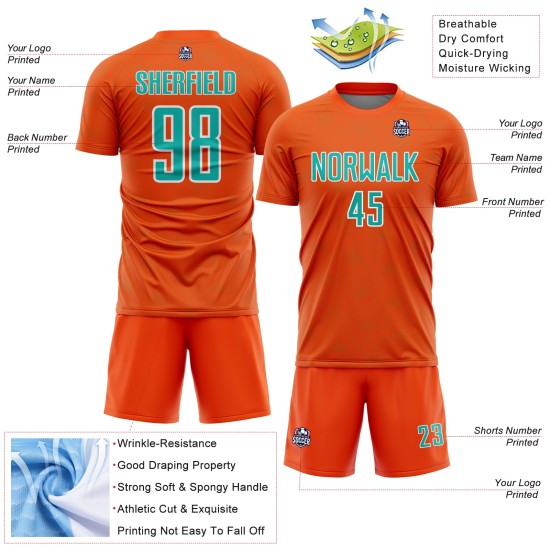 Custom Orange Uniform Sublimation Soccer Jersey Geometric Sports Shape Aqua-White Custom Orange Uniform Sublimation Soccer Jersey Geometric Sports Shape Aqua-White