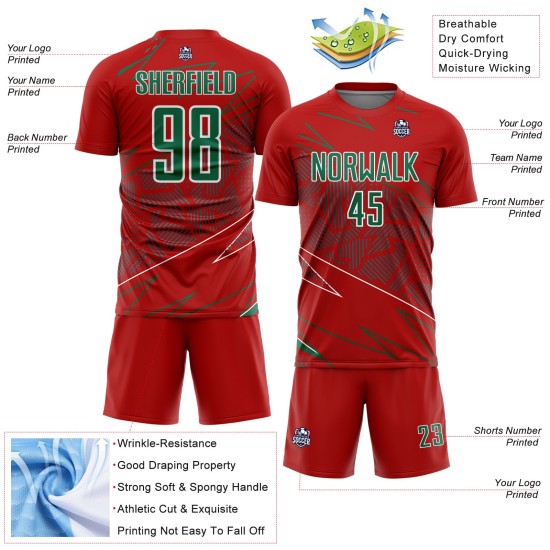 Red Sublimation Soccer Green-White Sports Jersey Lines Uniform Custom Kelly Red Sublimation Soccer Green-White Sports Jersey Lines Uniform Custom Kelly