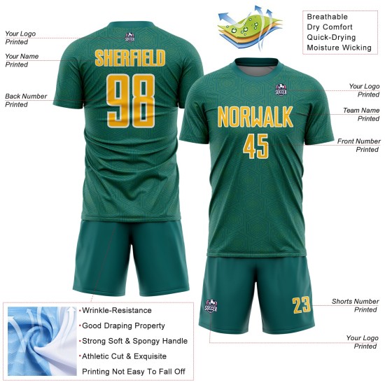Jersey Teal Shape Custom Gold-White Geometric Soccer Sublimation Sports Uniform Jersey Teal Shape Custom Gold-White Geometric Soccer Sublimation Sports Uniform